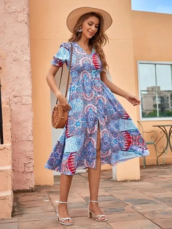 Women Split Hem Shirred Waist Dress