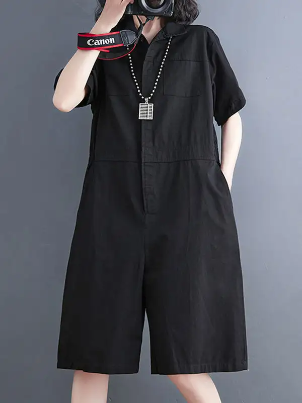 Eenvoudige Jumpsuits Met Effen Kleur En Revers Korte