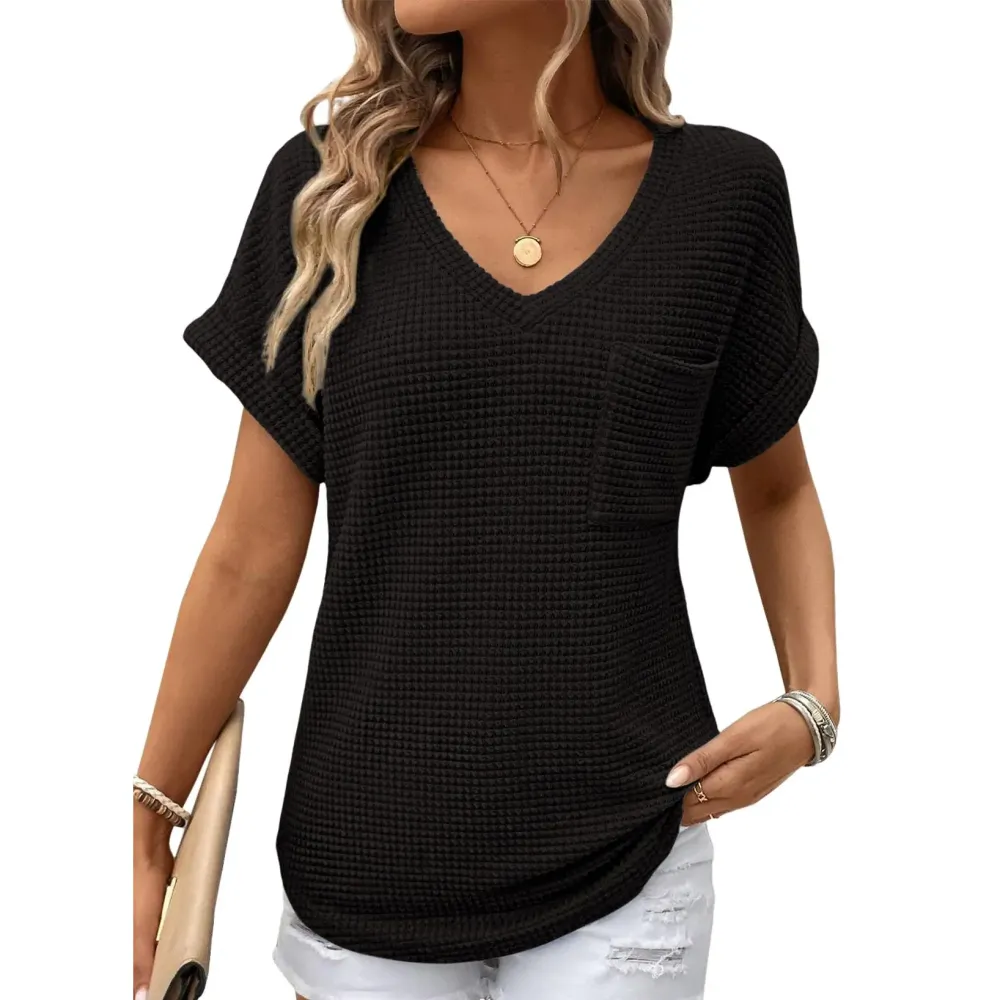 Women's Waffle Knit V-Neck Casual Summer Top
