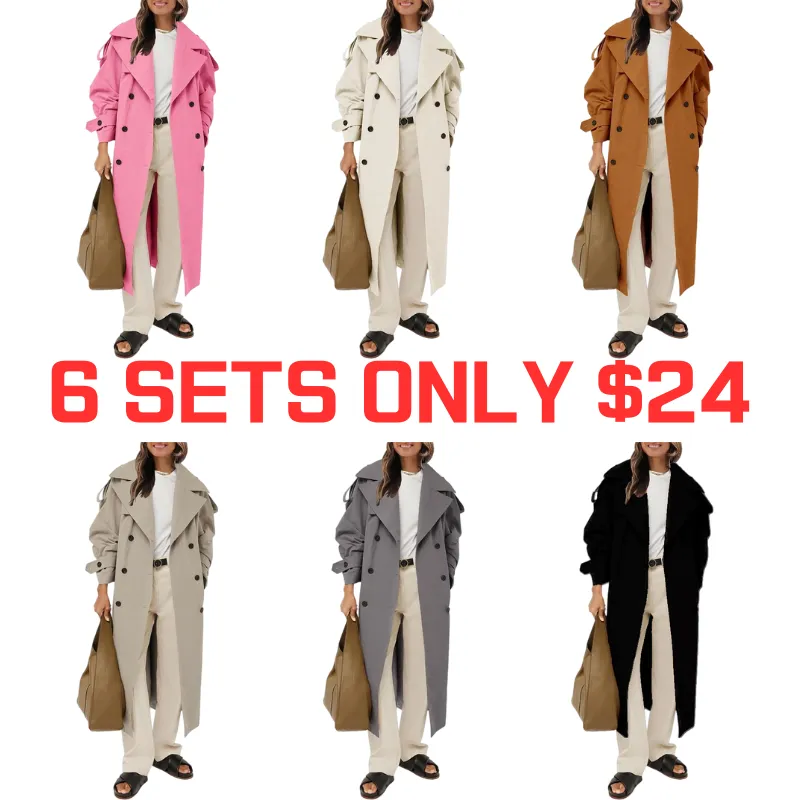Womens Oversized Long Trench Coat Double Breasted Lapel Windproof Overcoat with Belt