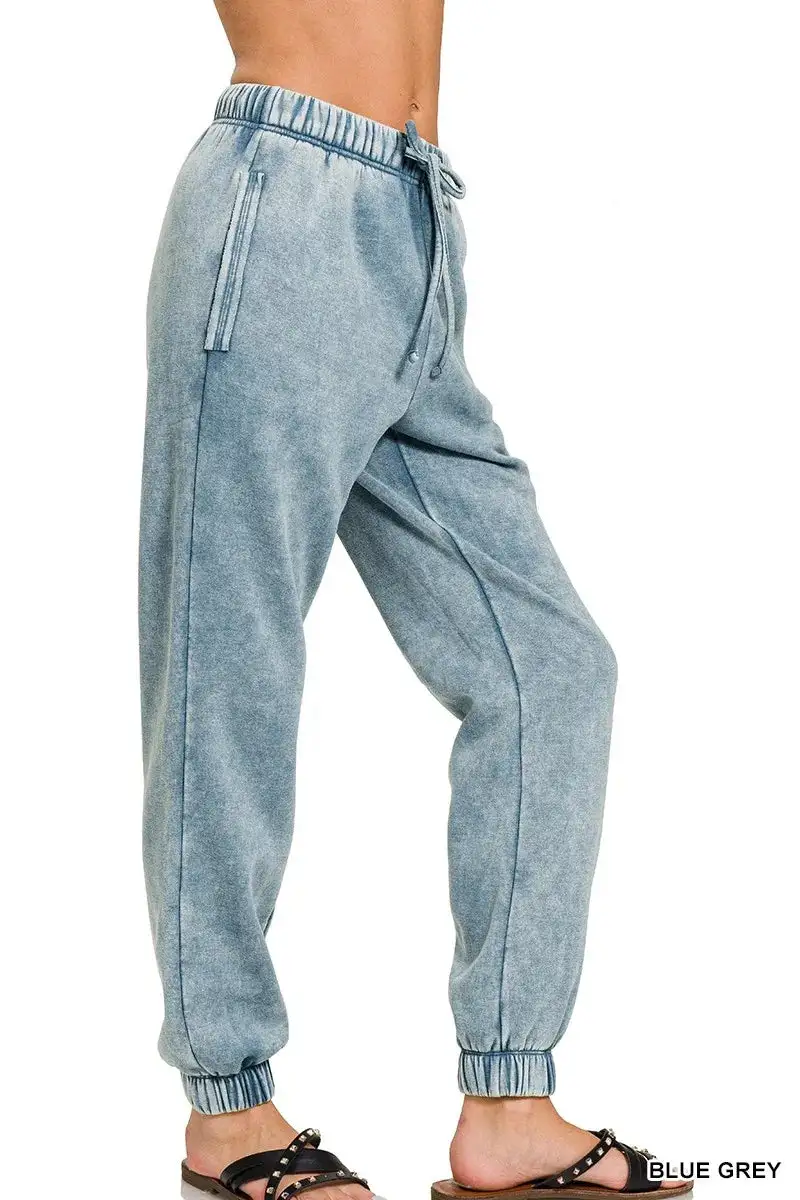 Refined Drawstring Pocketed Fleece Acid-Wash Sweatpants
