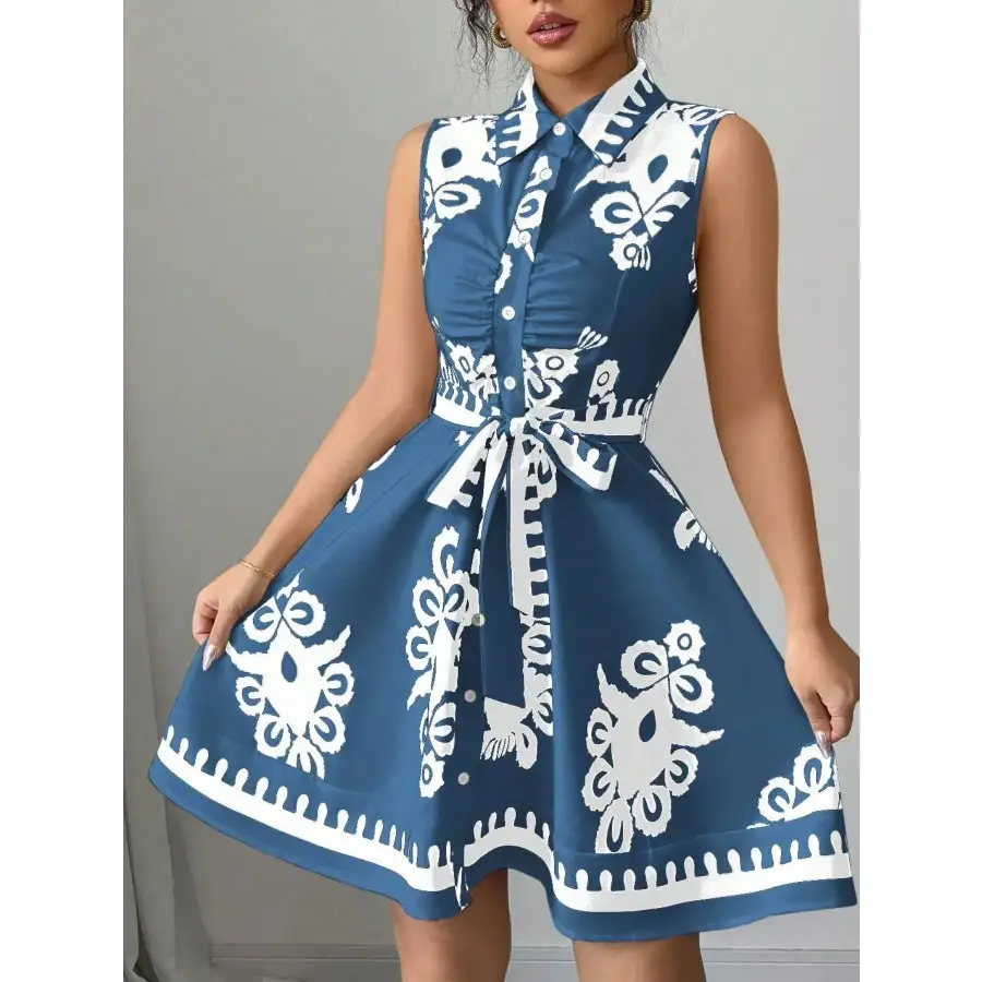Printed Sleeveless Tie Waist Mini Dress