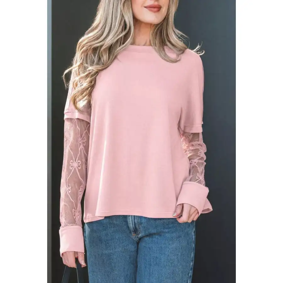 Relaxed Bow Textured Patchwork Long Sleeve Tee
