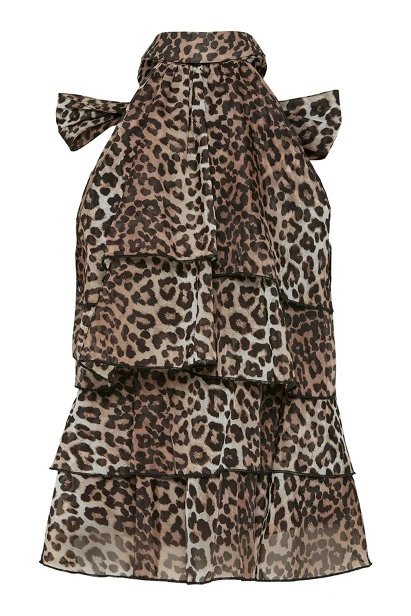 Leopard Tie Neck Tiered Halter Tops
