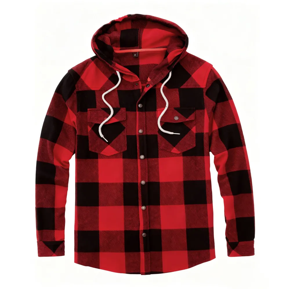 Men's Hooded Plaid Flannel Shirt Jacket with Hand Pockets