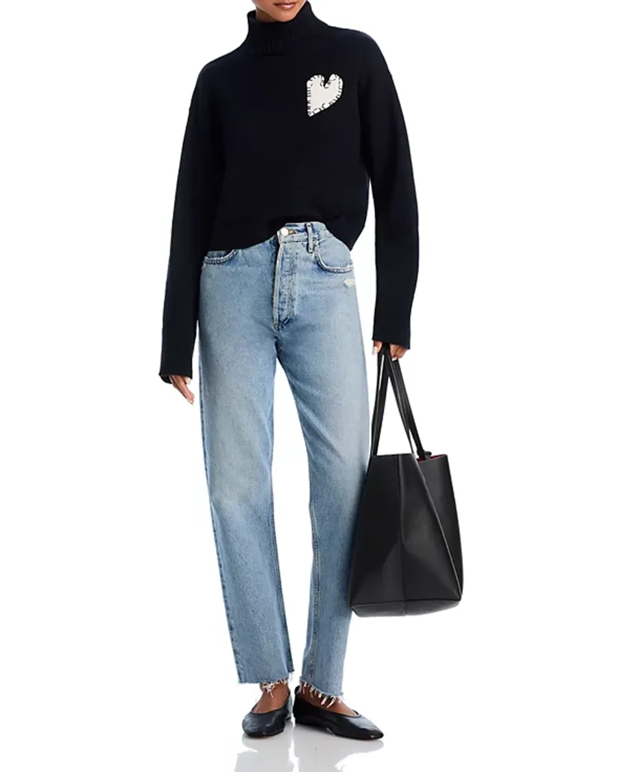 Cropped Turtleneck Heart Patch Sweater