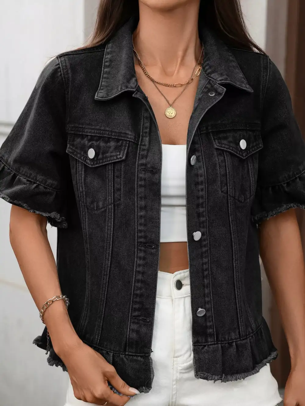 Raw Hem Button Up Jacket