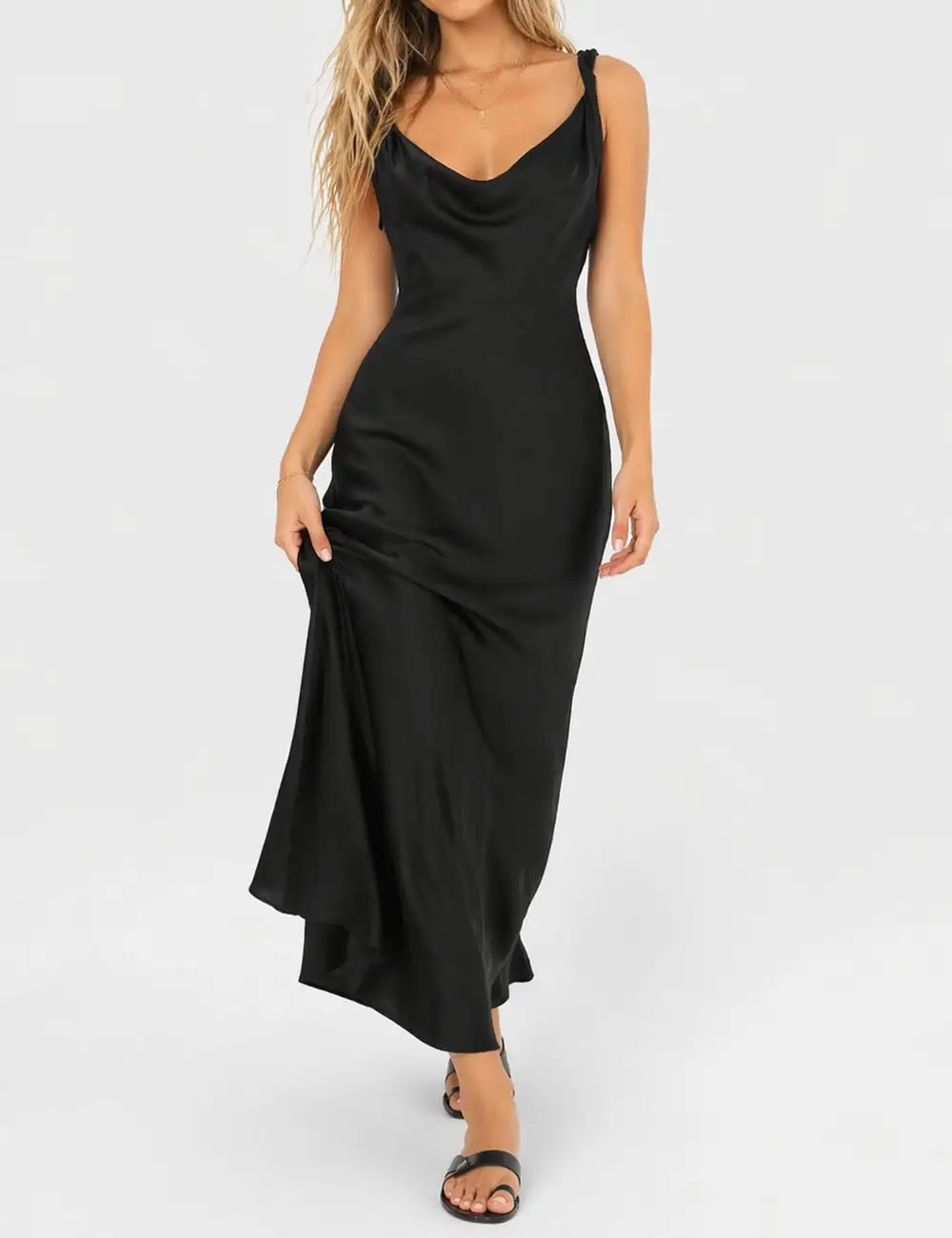 Chic Satin Cowl Neck Sleeveless Back Midi Dress
