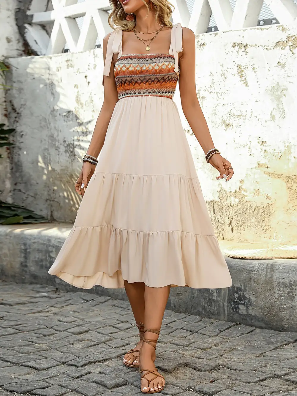 Boho Floral-Embroidered Sleeveless Tiered Midi Dress