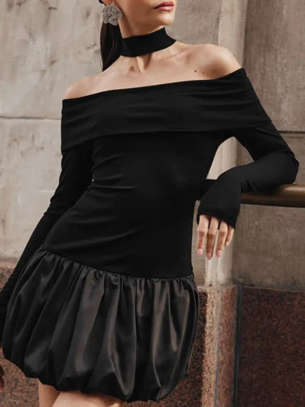 High Waisted Long Sleeve Contrast Color Pleated Split Joint Off The