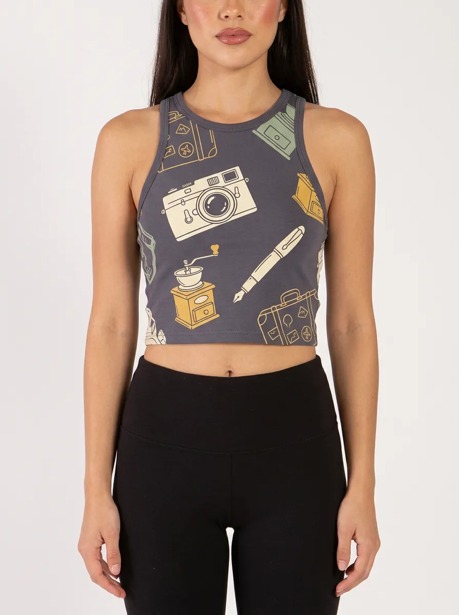 Women's Travel Hobbyist Camera Coffee Grinder Printed Crop Top