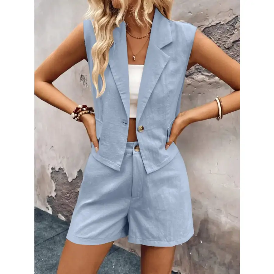 One Button Sleeveless Top and Shorts Set