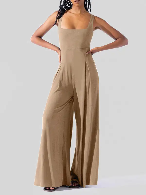 Losse Mouwloze Geplooide Effen Jumpsuits Met Spaghetti Hals