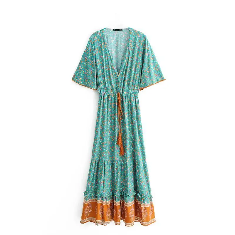 V-Neck Short Sleeve Boho Maxi Dress