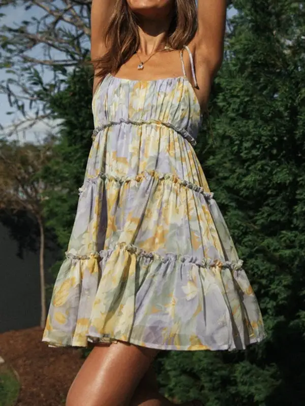 A Line Relaxed Flower Print Layered Pleated Split Joint Tied Spaghetti