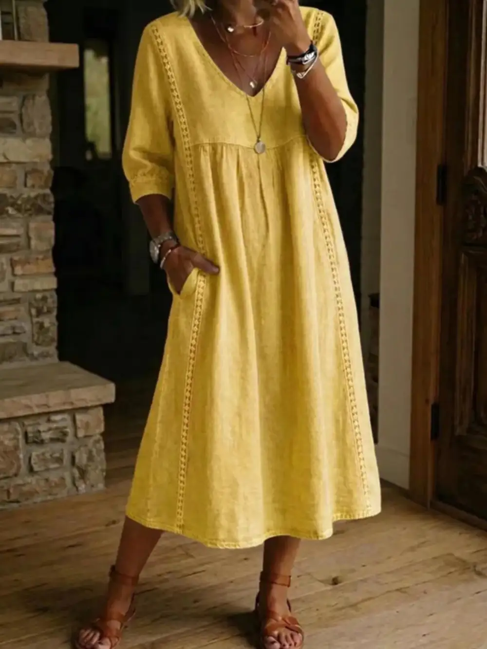 V-Neck Three Quarter Sleeve Pocketed Midi Dress