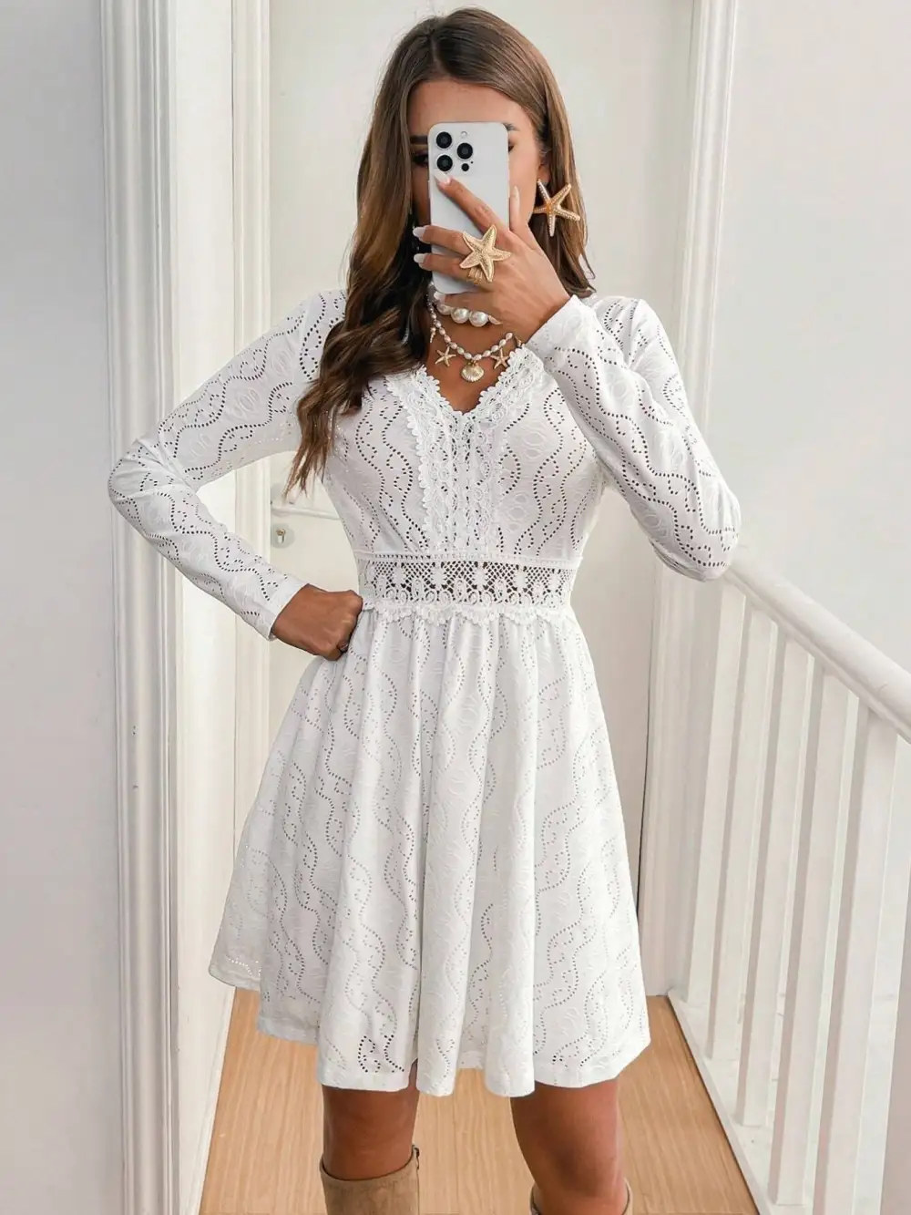 Lace V Neck Long Sleeve Dress Casual