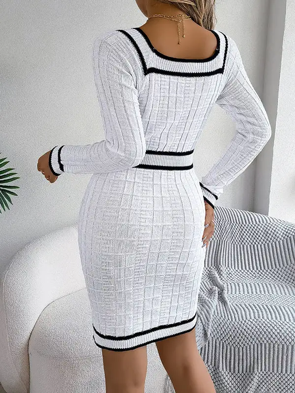 Bodycon Long Sleeve Buttoned Contrast Color Plaid Square Neck Mini Dress