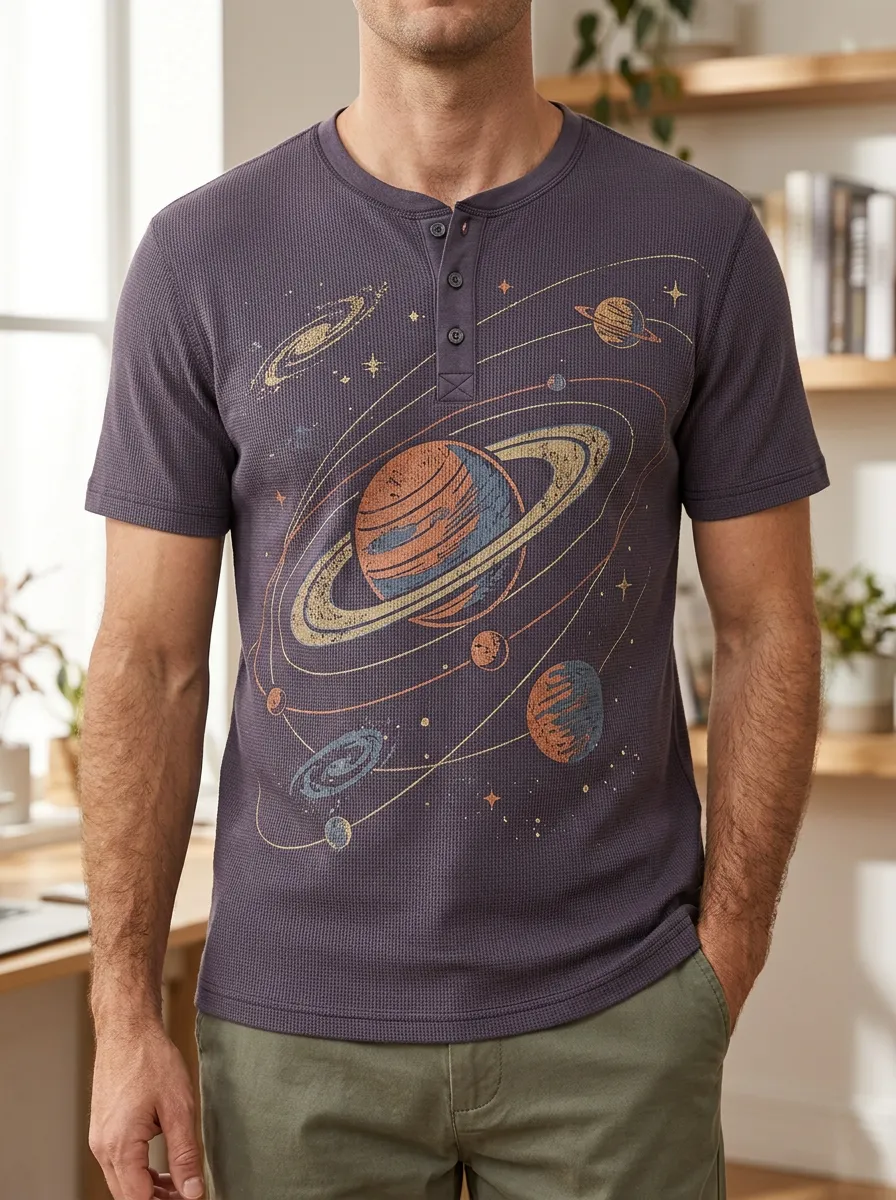 Men's Space Astronomy Saturn Printed Henley T-Shirt