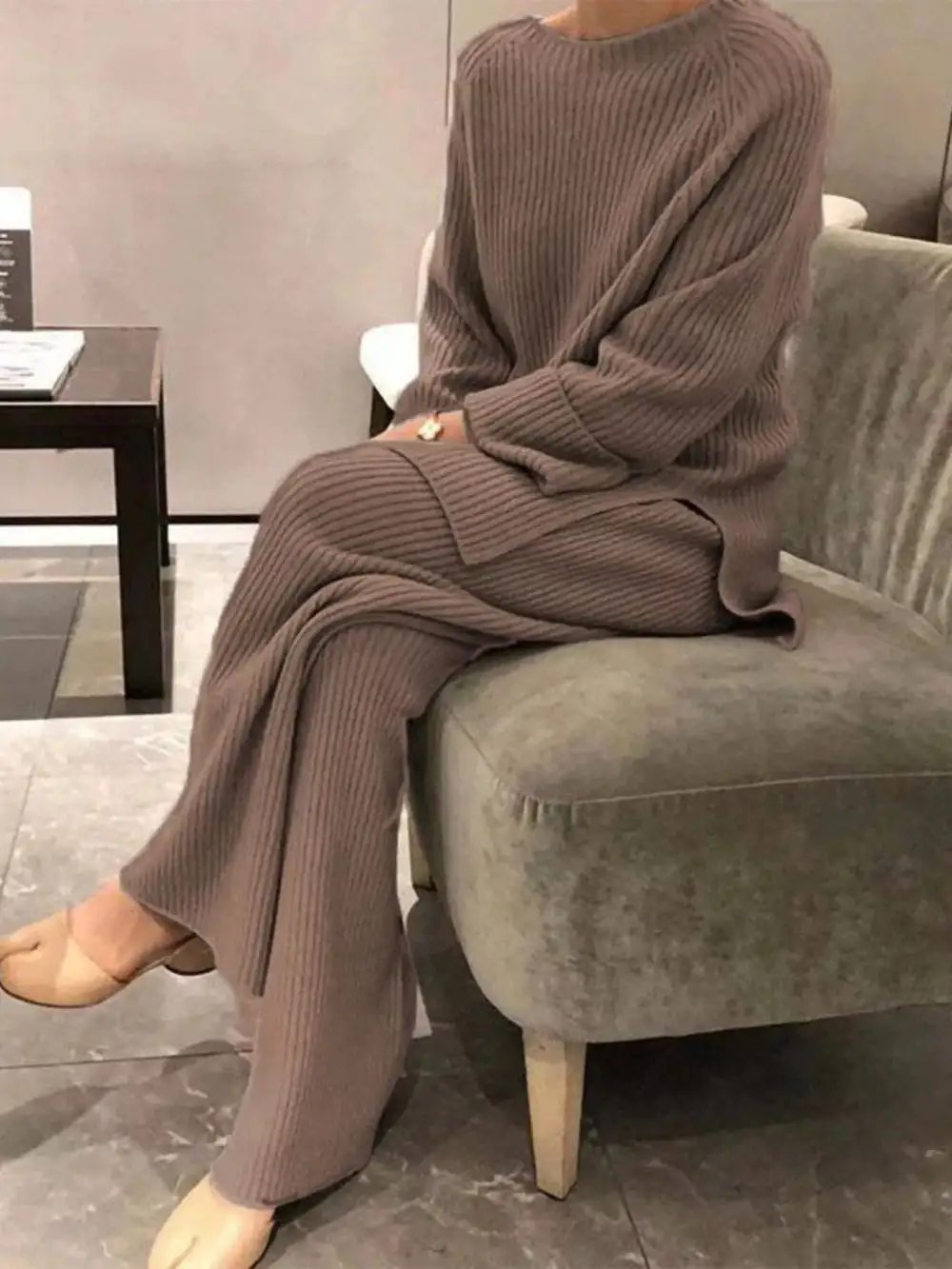 Full Size Ribbed Knit Relaxed Fit Top and Pants Sweater Set Plus Size