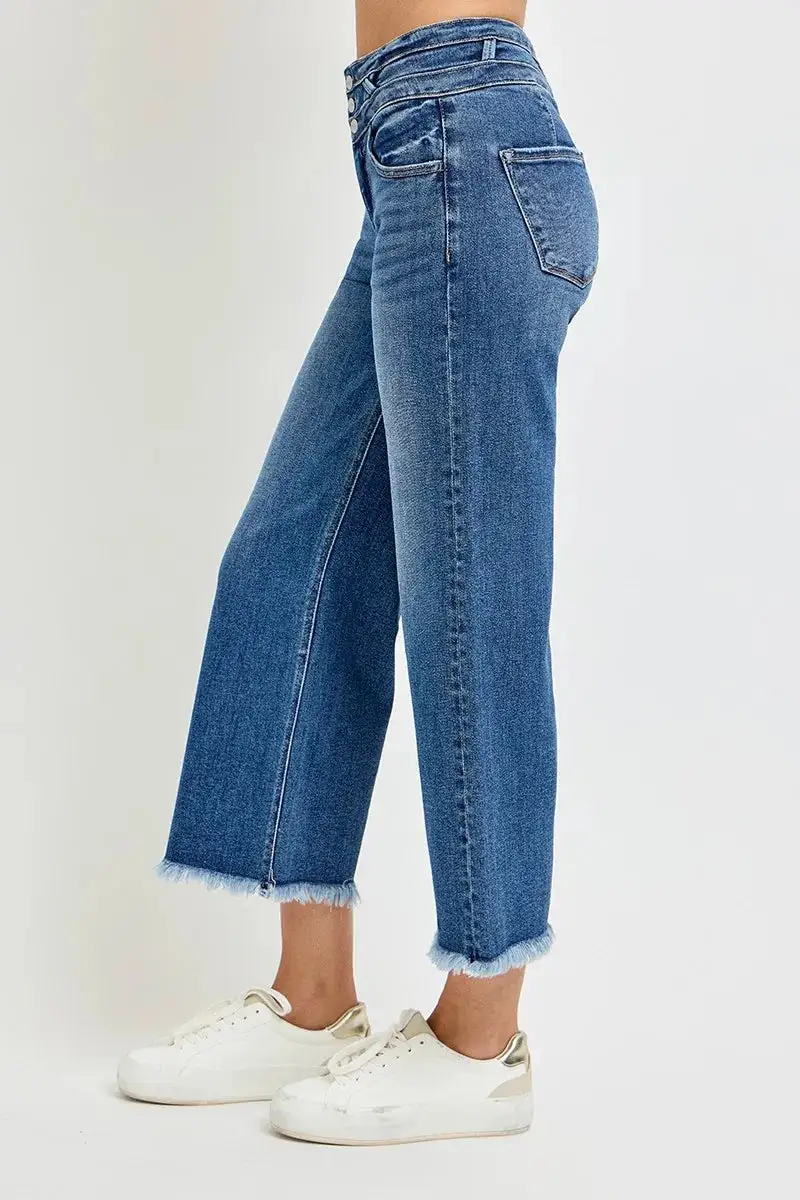 High Rise Wide Waistband Raw Hem Wide Leg Jeans