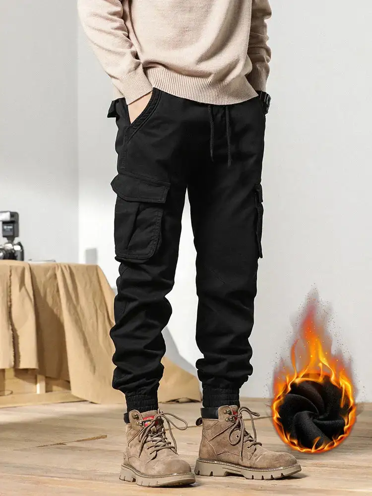 Winter Cargo Pants for Men with Fleece Lining Slim Fit Elastic Waistband