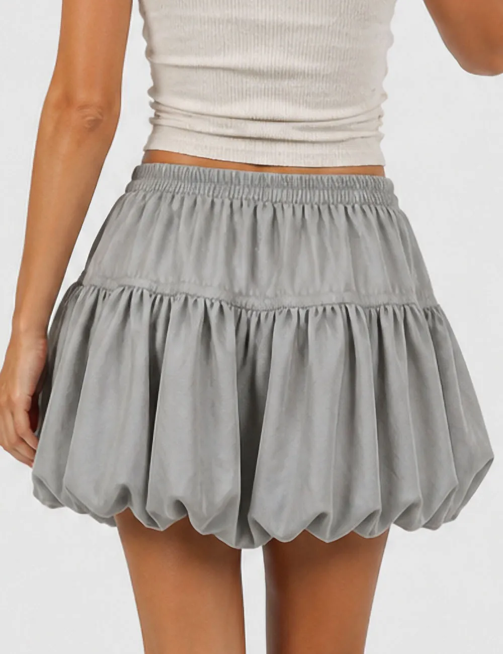 Solid Color Bubble Hem Bow Elastic Waist Mini Skirt