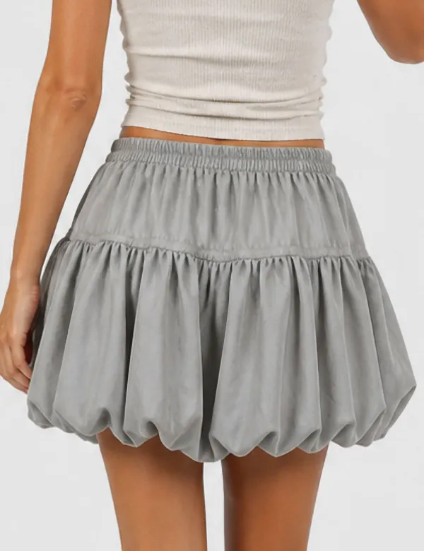 Solid Color Bubble Hem Bow Elastic Waist Mini Skirt