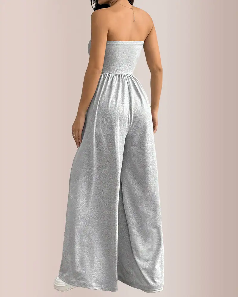 Strapless Ruched-Waist Wide-Leg Jumpsuit