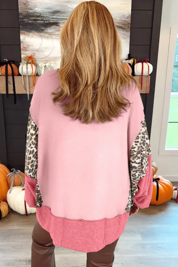 Relaxed Leopard Print Patchwork Dolman Sleeve Sweatshirt
