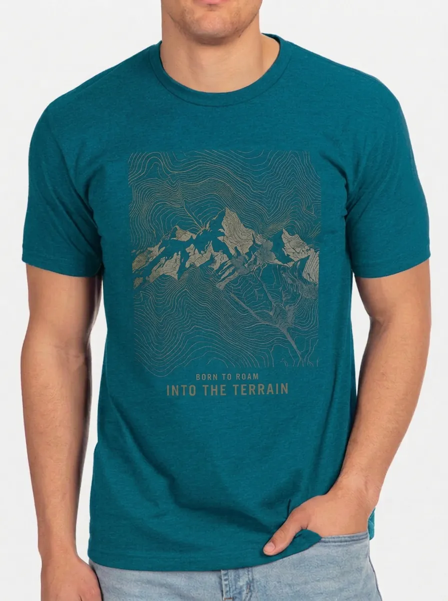 Men's Crewneck Highland Trail Outdoor Adventure Mountain Topographic Graphic T-Shirt
