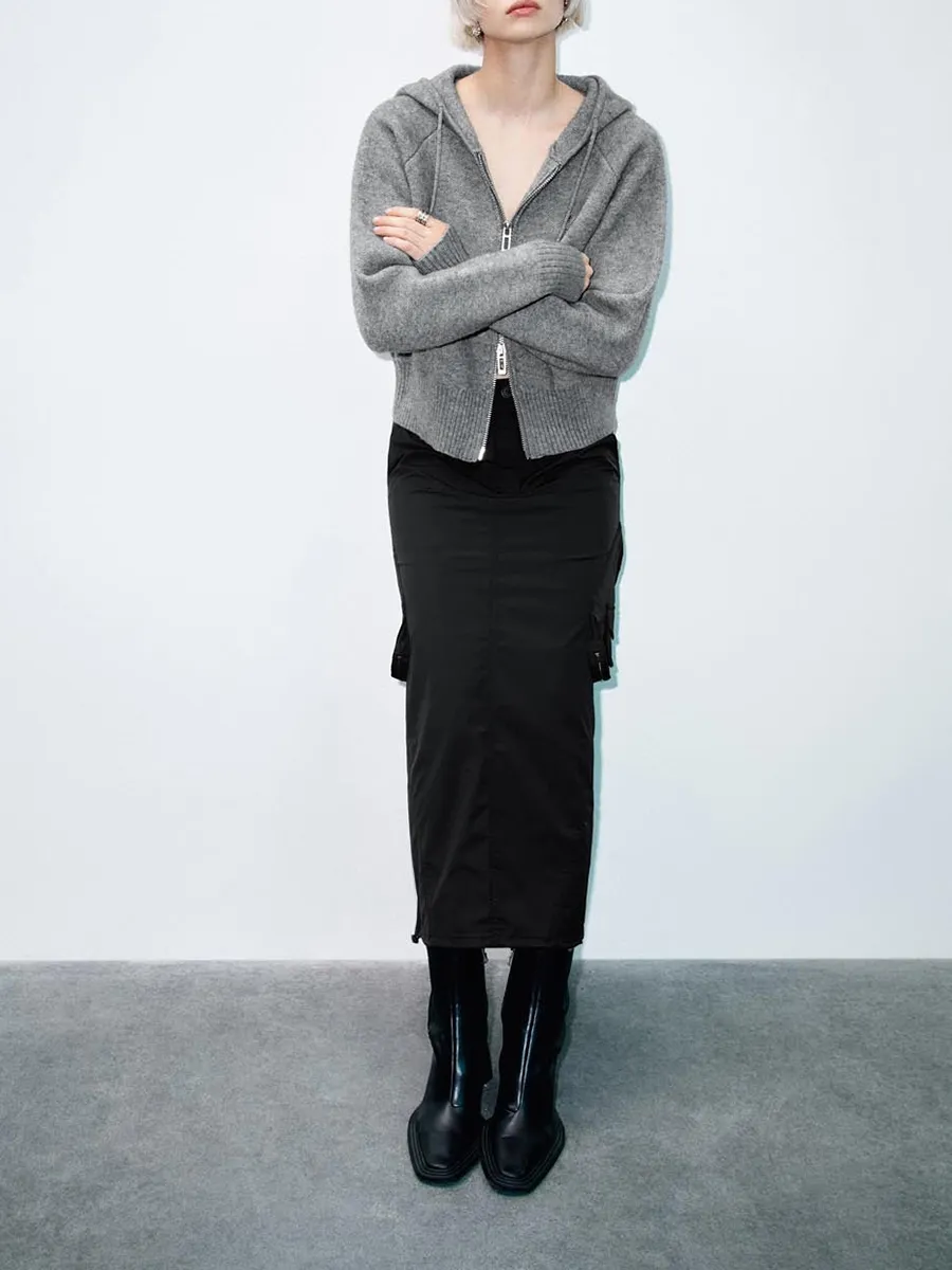 Lady's Grey Casual Style Zippered Hoodie Without Patterns