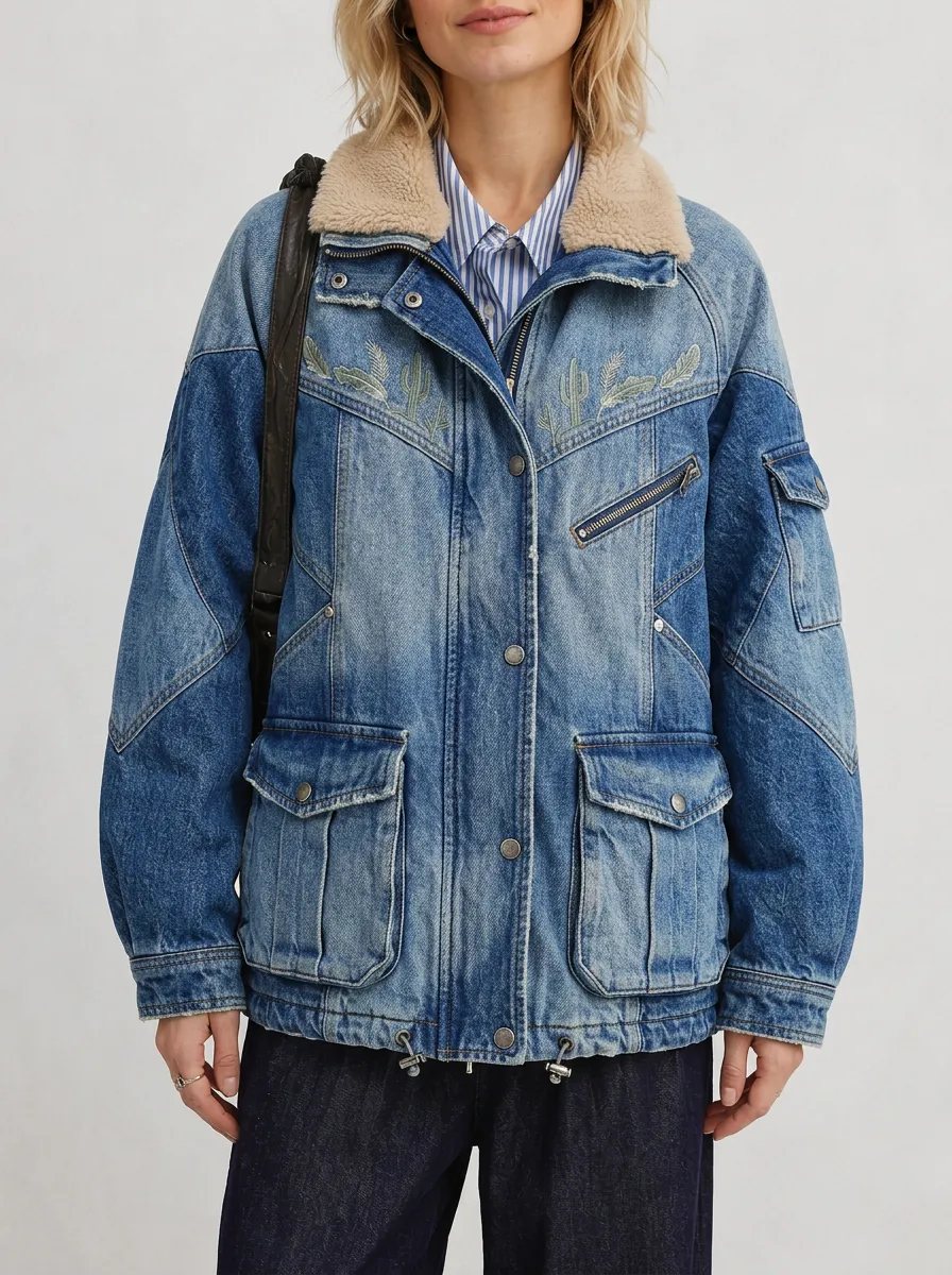 Women's Western Desert Cactus Embroidered Sherpa Collar Denim Jacket