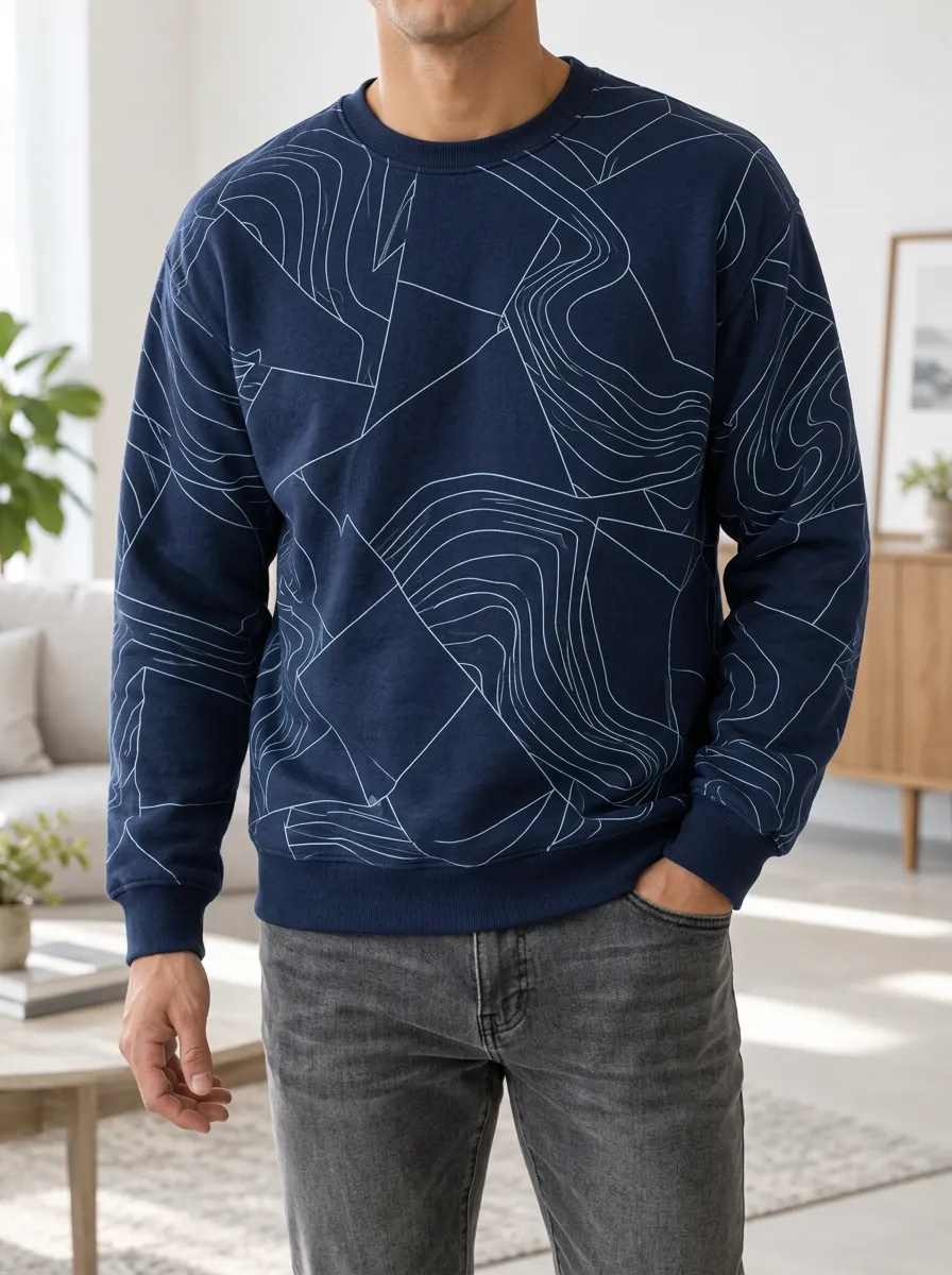 Men's Abstract Line Print Crewneck Sweatshirt Graphic