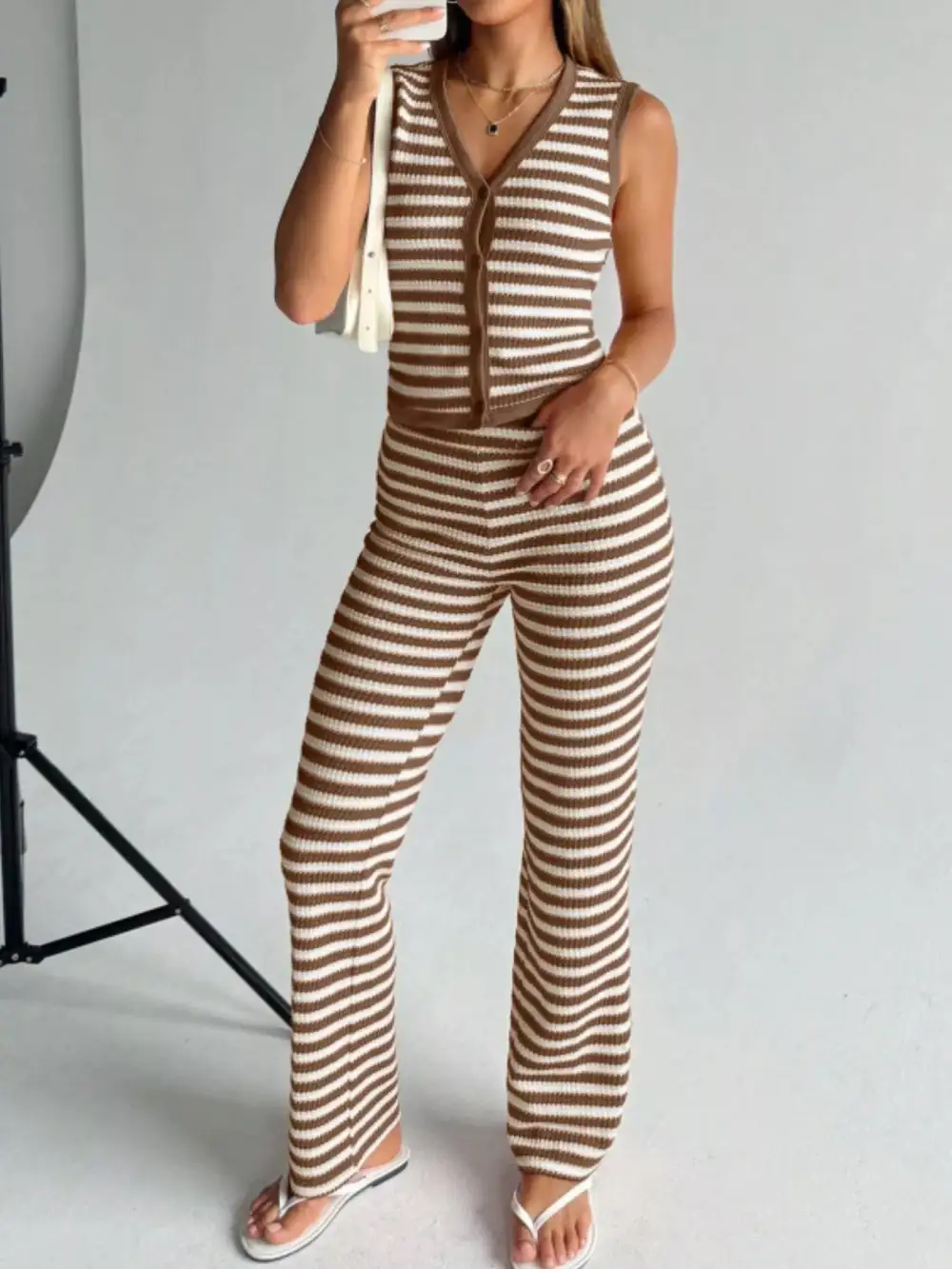 Striped Knit V Neck Button Up Sleeveless Top and Flare Pants Set
