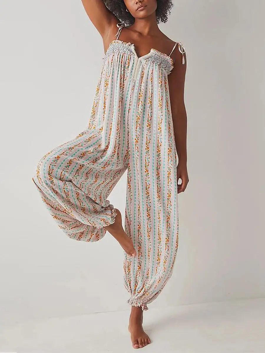 Boho Printed Smocked Harem Jumpsuit