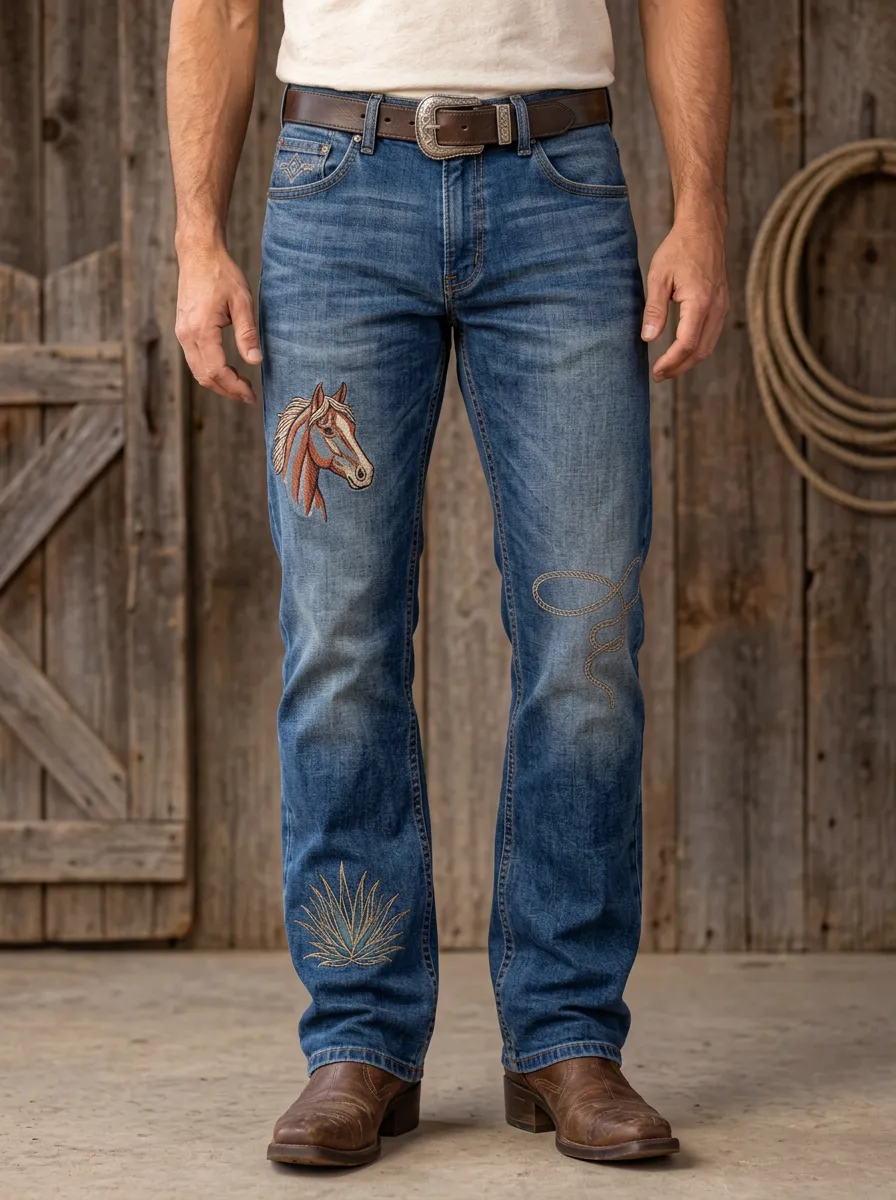 Men's Western Cowboy Horse Lasso Agave Embroidered Jeans