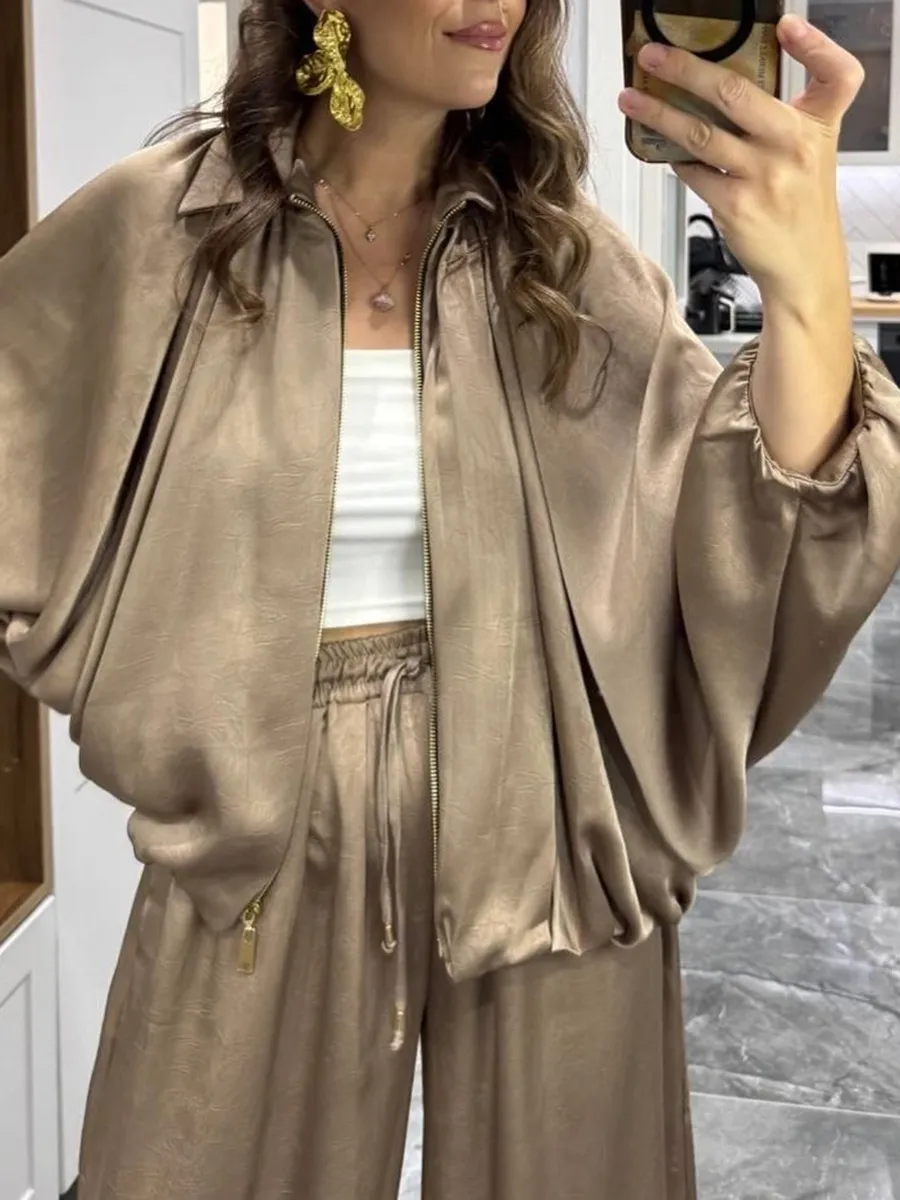 Women's solid color cross-section design casual zipper cardigan & pants set