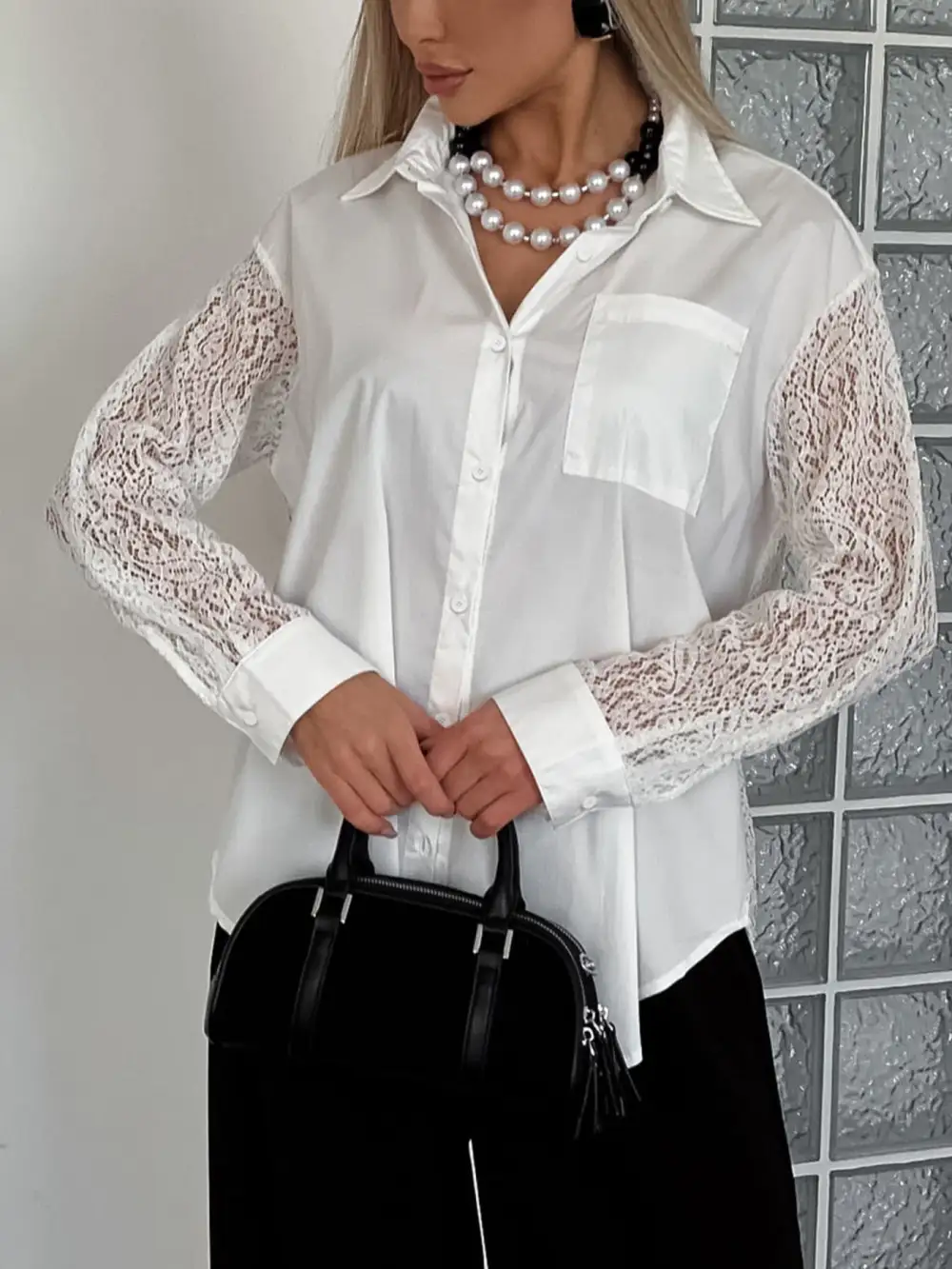 Classic Lace Sleeve Button Down Shirt