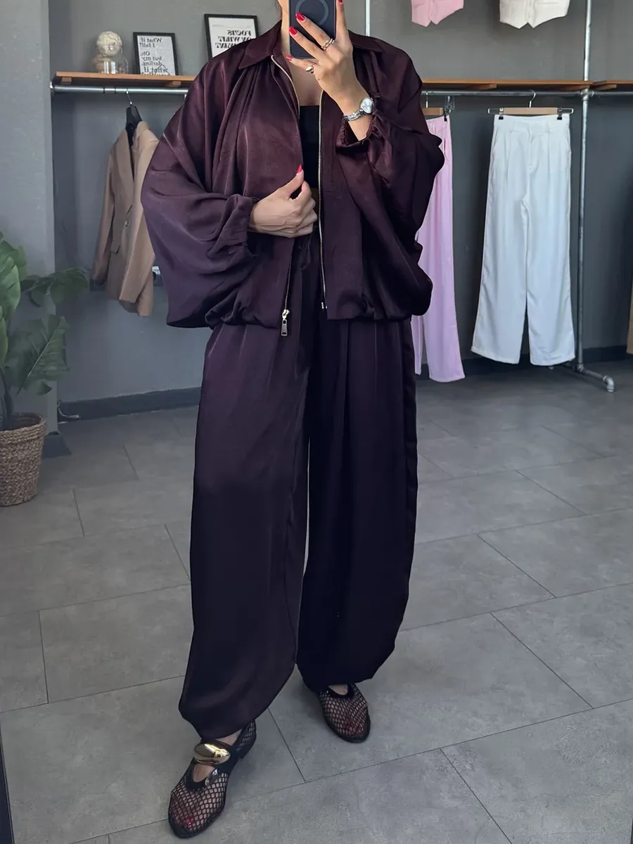 Women's solid color cross-section design casual zipper cardigan & pants set