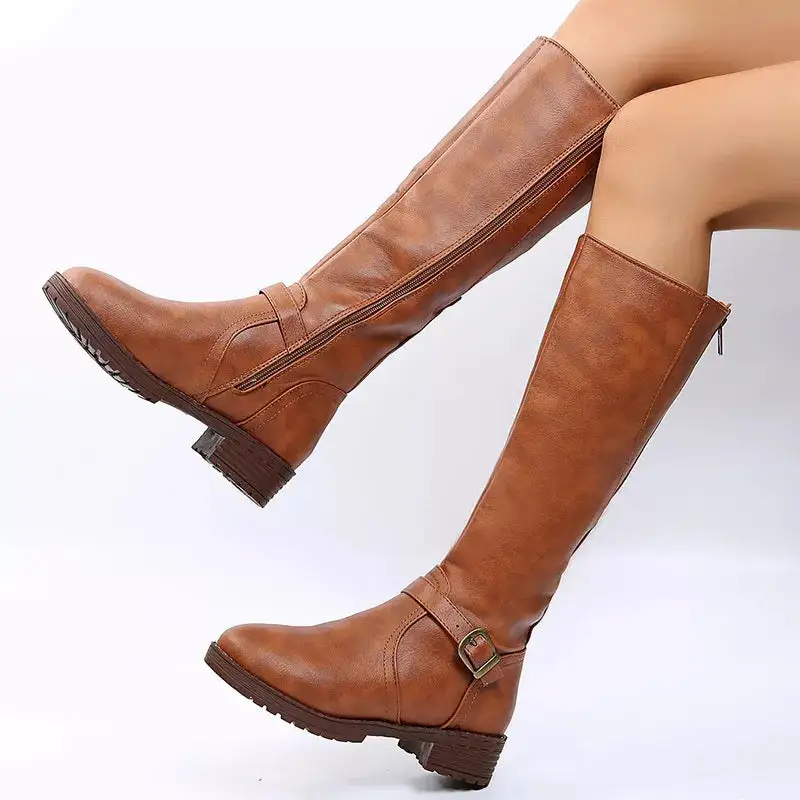 Polished Round Toe Block Heels Boots