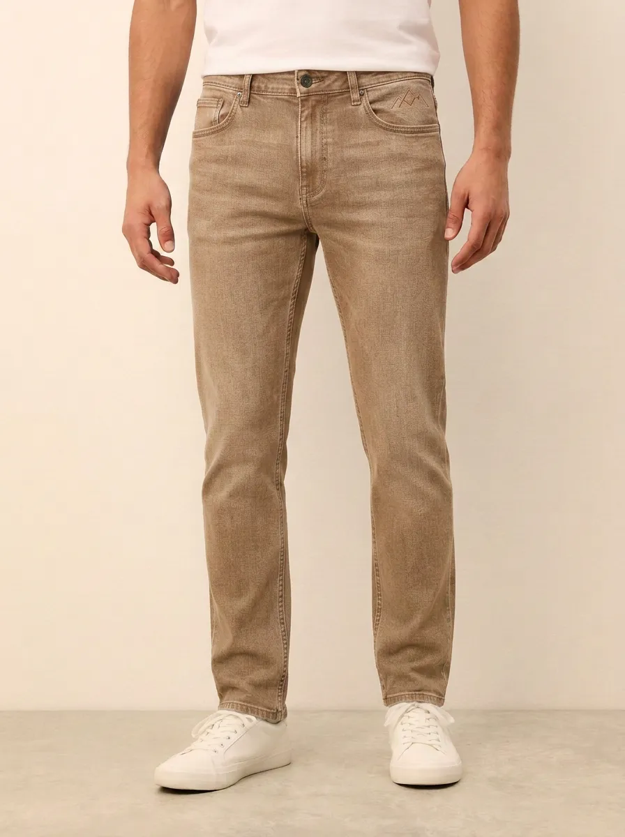 Men's Refined Comfort Mountain Logo Embroidered Stretch Denim Jeans