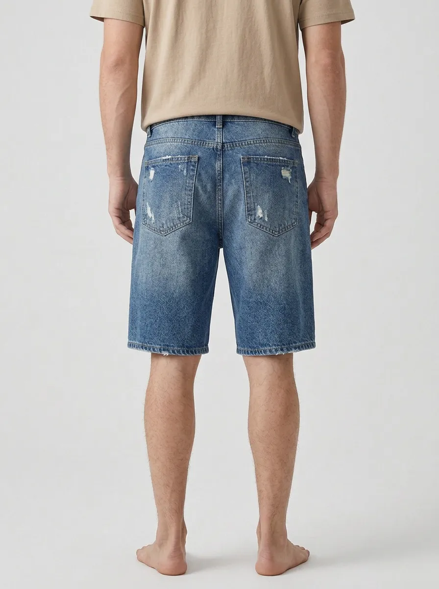 Storage-Ready Streetwear Distressed Design Men's Distressed Raw Hem Denim Shorts