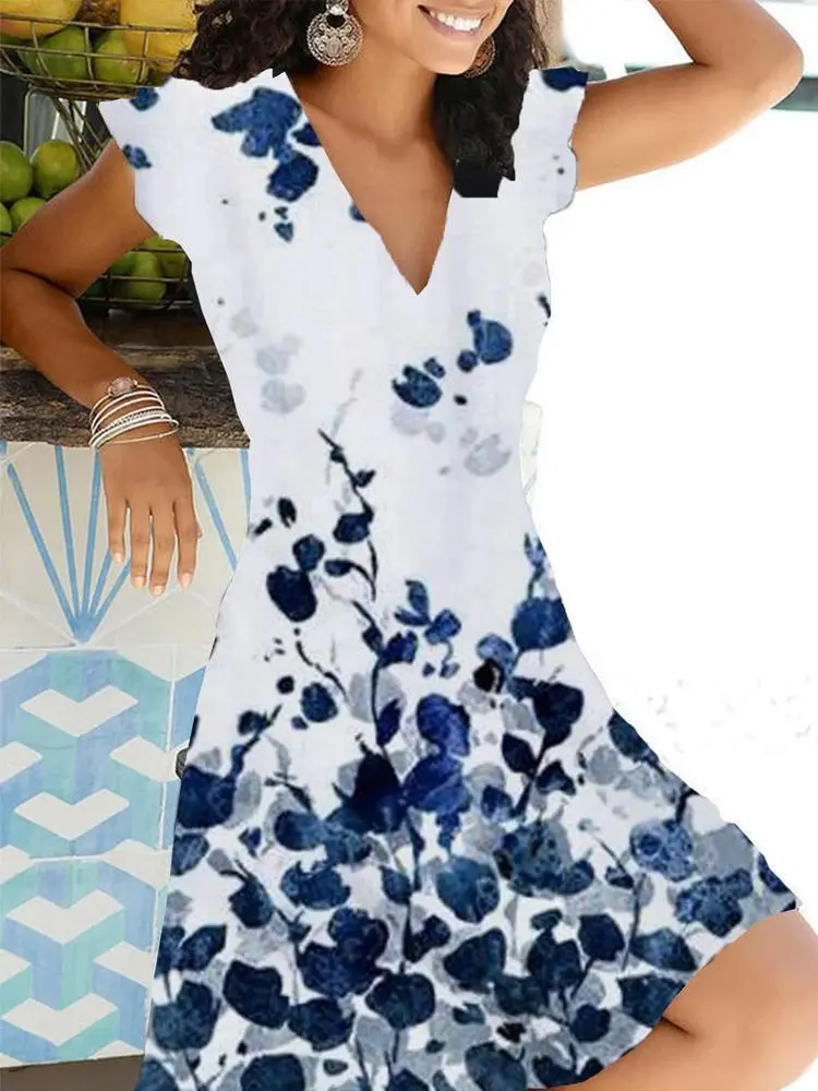 Floral Short Sleeve Printed Cotton Blend V-Neck Vintage Summer Blue Dress