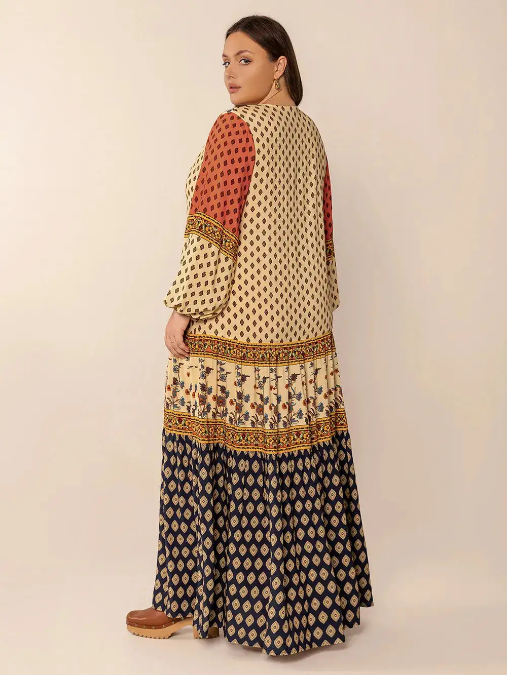 Printed V-Neck Long Sleeve Maxi Dress