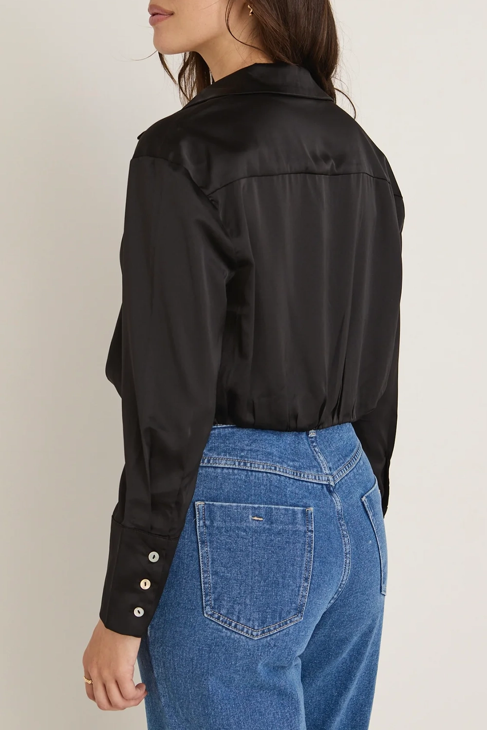 Black Satin Wrap Front Long - Sleeve