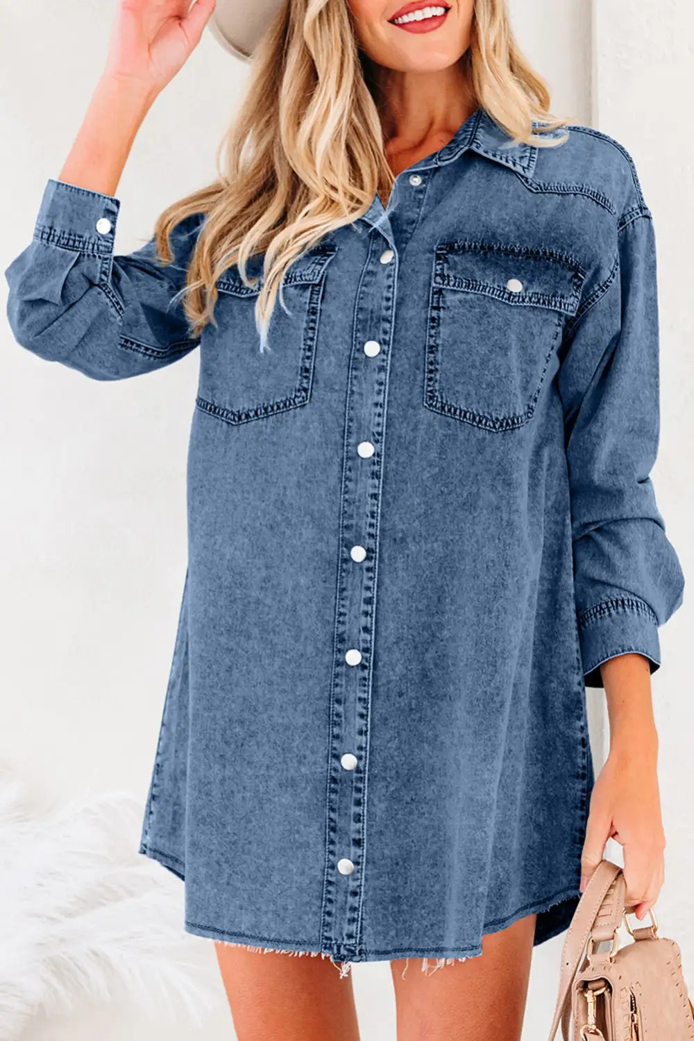 Balanced Detail Denim Pocketed Shirt Dress