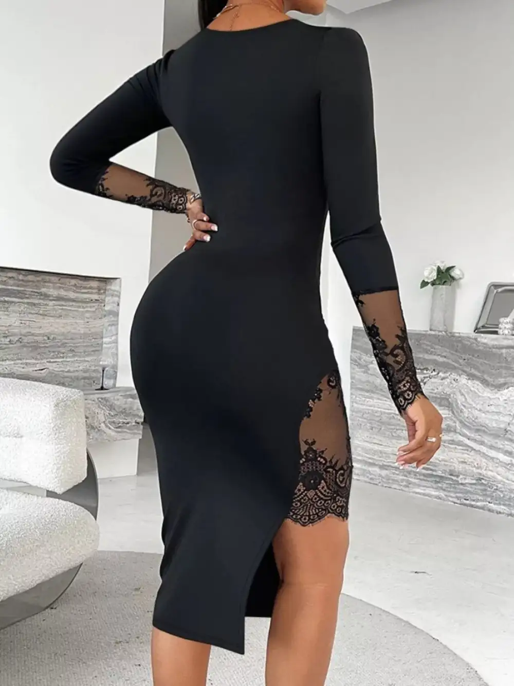 Lace Square Neck Slit Midi Dress