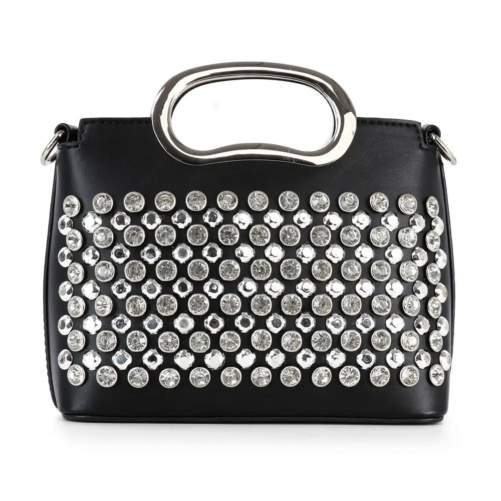 Relaxed Detail Studded Crystal Accent Chain Accent Faux Leather Tote Bag