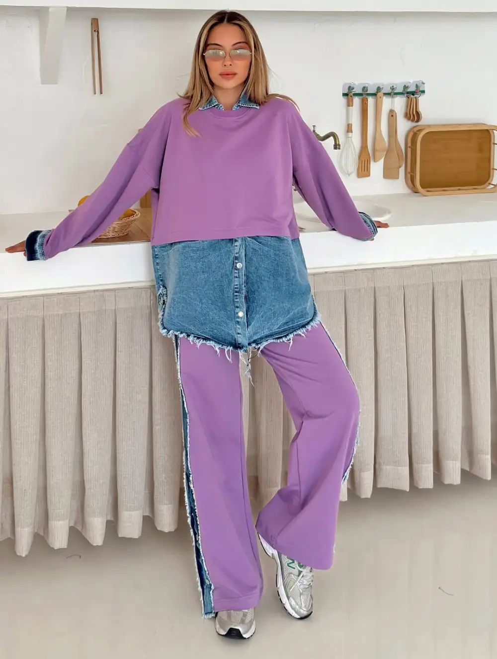 [6Pack]Women'S Knitted Patchwork Denim Top & Pants Set